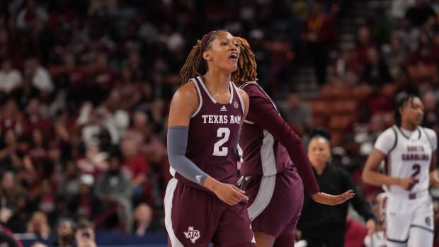 Texas A&M Aggies forward Janiah Barker reacts to a foul call against the South Carolina Gamecocks.